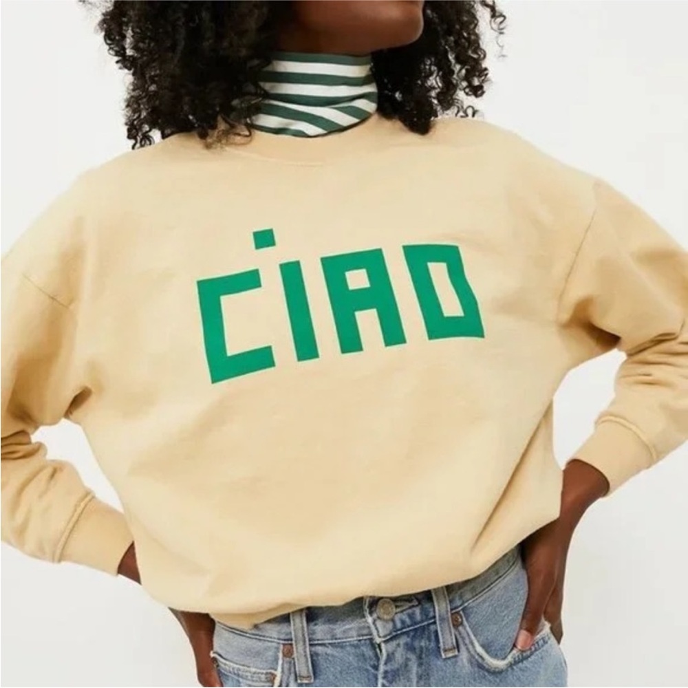 Clare V Cream 'CIAO' Crewneck Sweatshirt with Green Logo